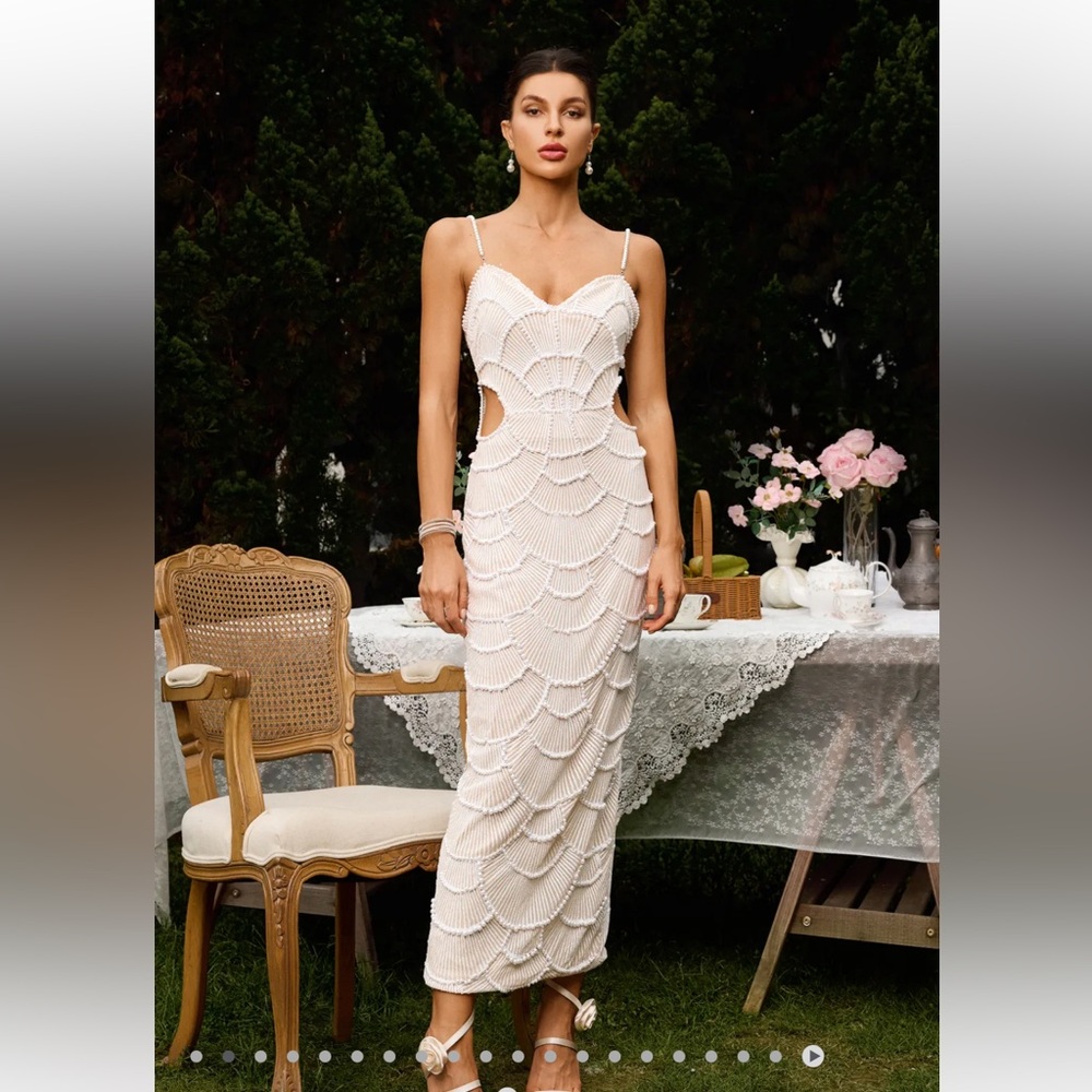 Pearl Sequin White Beaded Scallop-Pattern Maxi Dress: bridal wedding